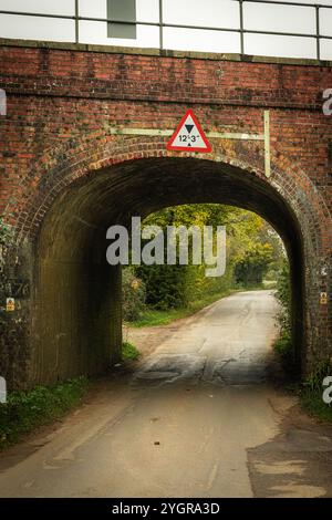 Route de campagne étroite disparaissant sous un pont de briques bas avec un panneau d'avertissement de hauteur à l'automne Banque D'Images