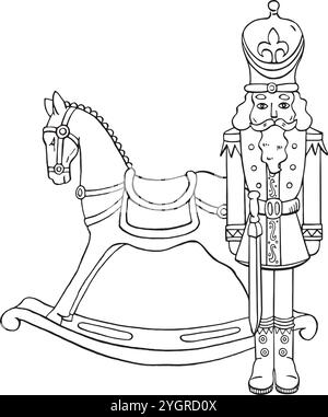 Cheval à bascule de Noël avec figure de soldat. Ensemble de vecteur isolé confortable d'hiver. Pour les vacances saisonnières, décoration du nouvel an, carte, emballage. Illustration de Vecteur