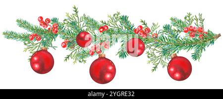 Branches d'épinette verte décorées de baies rouges et de boules de Noël. Illustration aquarelle dessinée à la main de brindilles de sapin sur isolé Banque D'Images