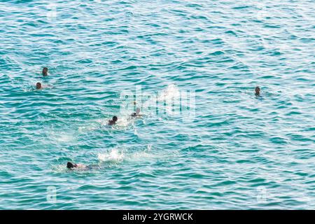 Salvador, Bahia, Brésil - 09 novembre 2019 : on voit des touristes s'amuser et se baigner dans la mer sur la plage. Ville de Salvador, Bahia. Banque D'Images