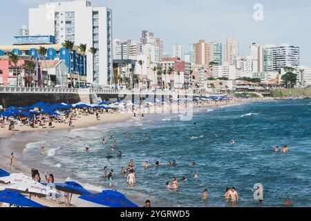 Salvador, Bahia, Brésil - 09 novembre 2019 : on voit des touristes s'amuser et se baigner dans la mer sur la plage. Ville de Salvador, Bahia. Banque D'Images