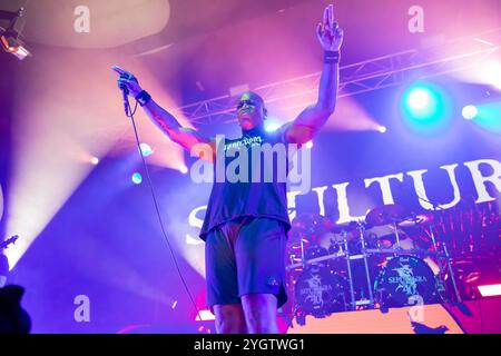 Manchester, Angleterre, 8 novembre 2024. Sepultura joue à la Manchester Academy de Manchester lors de leur tournée européenne d'adieu « Celebrating Life through Death ». Crédit : Izzy Clayton/Alamy Live News Banque D'Images