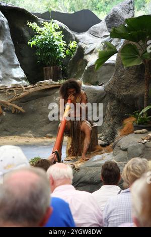 Hommes indigènes australiens pendant la danse cérémonielle, les cérémonies combinent danse, chant, rituels, décorations corporelles et costumes. Banque D'Images