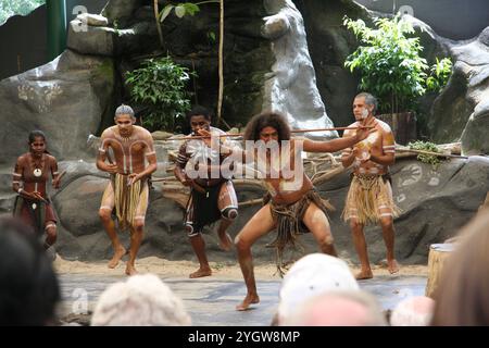 Hommes indigènes australiens pendant la danse cérémonielle, les cérémonies combinent danse, chant, rituels, décorations corporelles et costumes. Banque D'Images