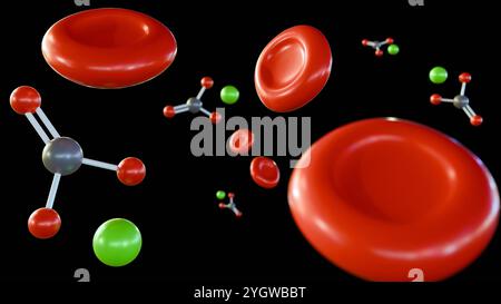 3d rendu des molécules de carbonate de plomb présentes dans la circulation sanguine, empoisonnement au plomb. Banque D'Images