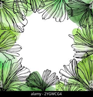 Cadre carré avec des esquisses aquarelles de feuilles vertes de ginkgo biloba. Modèle à base de plantes botaniques carré dessiné à la main pour les réseaux sociaux avec des plantes avec Banque D'Images