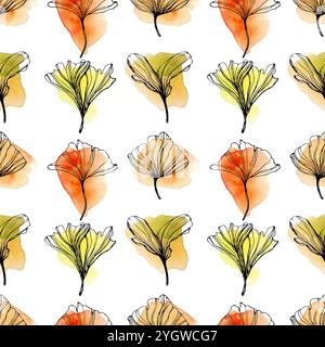 Modèle sans couture avec des feuilles de ginkgo biloba. dessin linéaire avec des taches aquarelles. Peut être utilisé pour le papier peint, les remplissages de motif, textile, page Web, surface Banque D'Images