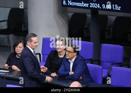 Berlin, Deutschland, 07.11.2024, Deutscher Bundestag : 197. Bundestagssitzung : de gauche à droite : Bärbel Kofler, SPD, Parlamentarische Staatssekretärin BEI der Bundesministerin für wirtschaftliche Zusammenarbeit und Entwicklung, Bundesminister für digitales und Verkehr und zusätzlich Bundesminister der Justiz Volker Wissing ex-FDP, jetzt parteilos, Bundesministerin Staatssekretär Sören Wohnen, Stadwicklung und Bauwesen Ka 197, Bundestin, Allemagne, SPD, Bärbel SPD, Allemagne, für SPD, 2024 SPD, Allemagne,,, Allemagne, SPD,, Allemagne, SPID Banque D'Images