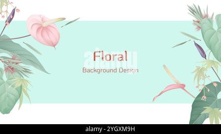 Conception de modèle de fond de bannière florale, diverses fleurs et feuilles sur bleu Illustration de Vecteur