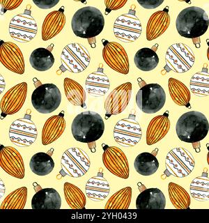 Sapin de Noël jouets en verre vintage. Illustration de modèle d'hiver sans couture. Boules de Noël. Joyeuses fêtes du nouvel an éléments fond jaune. Banque D'Images