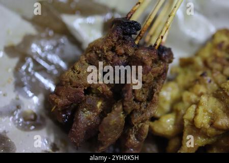Un gros plan détaillé de succulentes brochettes de satay grillées aux bords carbonisés et à la marinade riche. Banque D'Images