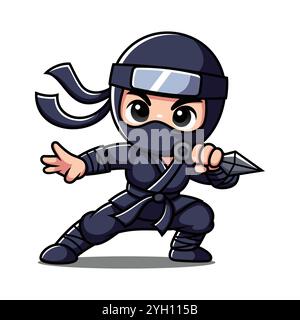 Mignon personnage de dessin animé Ninja japonais dans action Moves Illustration de Vecteur