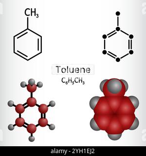 Toluène, molécule de toluol C7H8. Modèles structuraux et 3D d'hydrocarbures aromatiques. Illustration vectorielle Illustration de Vecteur