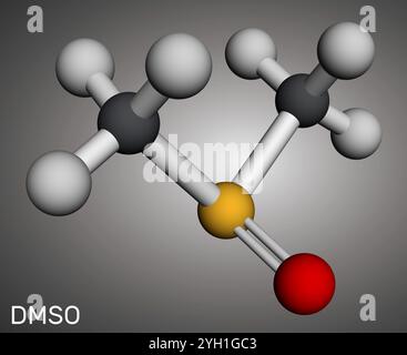 Diméthylsulfoxyde, DMSO, molécule C2H6OS. Composé organosulfuré, solvant aprotique polaire. Modèle moléculaire. Rendu 3D. Illustration Banque D'Images