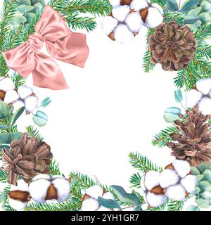 Cadre carré du nouvel an avec pommes de pin, branches de conifères, eucalyptus, bolls de coton et arc en ruban rose. Illustration d'aquarelle dessinée à la main sur iso Banque D'Images