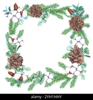 Cadre avec branches d'arbre de Noël aquarelle, pommes de pin, eucalyptus et bolls de coton. Illustration dessinée à la main du modèle pour l'invitation du nouvel an Banque D'Images