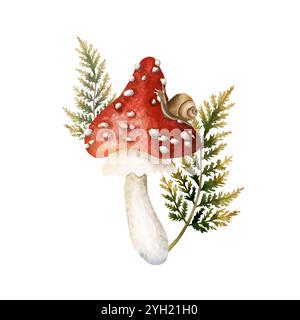 Mouche agarique avec des branches d'escargot et de fougères. Arrangement avec champignon amanita toxique de forêt d'automne. Aquarelle dessinée à la main illustration florale isolée Banque D'Images