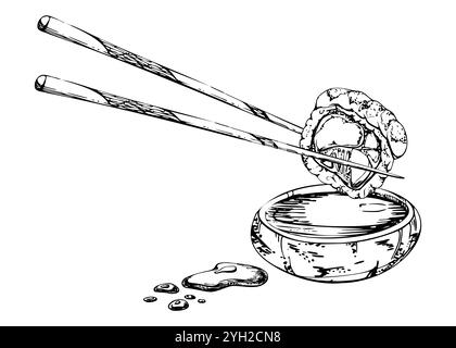Rouleaux de sushi alimentaire japonais sur des baguettes avec du poisson cru saumon avocat thon, tempura de crevettes sésame avec bol de sauce soja, dessiné à la main dans un stylo vectoriel, encre Illustration de Vecteur