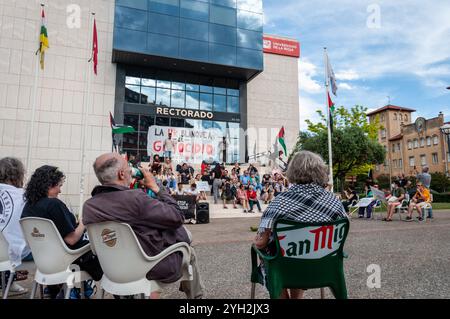 Des manifestants brandissent des drapeaux palestiniens lors d'une manifestation contre le conflit de Gaza devant le Rectorat de l'Université de la Rioja, Logroño, Espagne, le 17 juin 2024. Banque D'Images