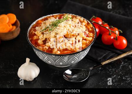 Bol de pâtes fagioli avec fromage et ingrédients sur fond noir Banque D'Images