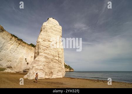 Felsen Pizzomunno Felsen Pizzomunno am Strand Spiaggia di Castello in Vieste, Gargano, Apulien, Italien, Europa Monolite Pizzomunno at Spiaggia di cas Banque D'Images