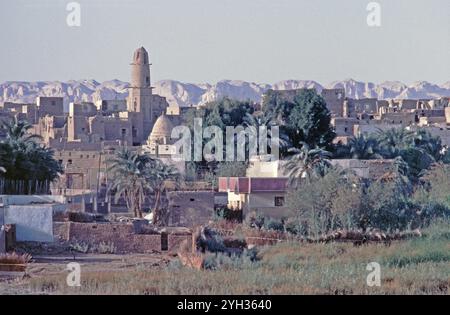 Mosquée du IXe siècle, maisons en briques de boue, ville principale Qasr, Oasis ad-Dachla, désert libyen, Egypte, Afrique Banque D'Images