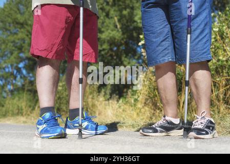 Les jambes du randonneur senior et les bâtons de randonnée se rapprochent Banque D'Images