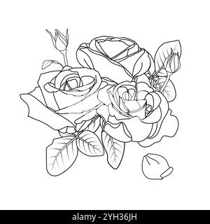 Composition décorative de roses florales. Contour isolé noir, trois roses entièrement ouvertes, des boutons, des feuilles et un pétale. Illustration claire. Illustration de Vecteur