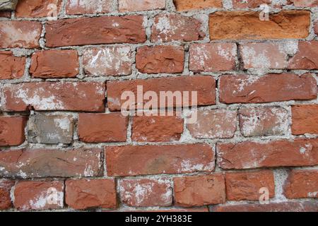 Mur de briques rouges avec des restes de ciment, ciment, mortier. Fond de construction brutale. Banque D'Images