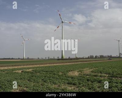 Éoliennes sur un large champ sous un ciel nuageux, paysage verdoyant au premier plan, AHAUS, westphalie, allemagne Banque D'Images