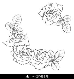 Élégant cadre à coins ronds rose. Contour noir isolé, deux compositions, roses et feuilles. Illustration de Vecteur