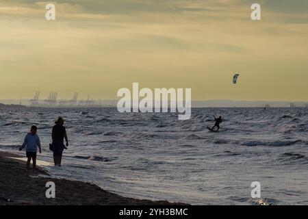 Île de Sobiszewska, POLOGNE-02 SEPTEMBRE 2024 : coucher de soleil paisible par la mer dans la soirée d'été, avec voleur de cerf-volant solitaire contre les grues de distat du port, Gdansk, Banque D'Images