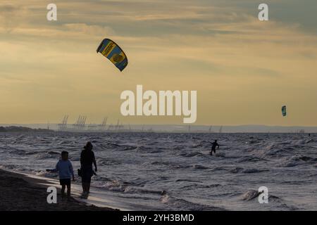 Île de Sobiszewska, POLOGNE-02 SEPTEMBRE 2024 : coucher de soleil paisible par la mer dans la soirée d'été, avec voleur de cerf-volant solitaire contre les grues de distat du port, Gdansk, Banque D'Images