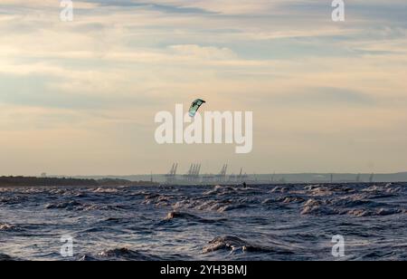 Île de Sobiszewska, POLOGNE-02 SEPTEMBRE 2024 : coucher de soleil paisible par la mer dans la soirée d'été, avec voleur de cerf-volant solitaire contre les grues de distat du port, Gdansk, Banque D'Images