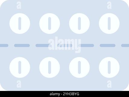 Plaquette thermoformée bleu clair contenant huit pilules blanches rondes avec une ligne de découpe, disposées en deux rangées de quatre, représentant les médicaments pharmaceutiques et Illustration de Vecteur