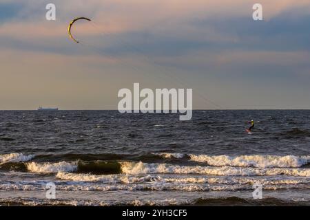 Île de Sobiszewska, POLOGNE-02 SEPTEMBRE 2024 : coucher de soleil paisible par la mer dans la soirée d'été, avec voleur de cerf-volant solitaire contre le navire lointain, baie de Gdansk, Pologne, E Banque D'Images