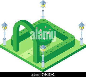 Parc urbain isométrique vert avec une arche décorative, une haie ronde, quatre lampadaires et un arbre à fleurs rond, représentant la conception du paysage urbain et Illustration de Vecteur