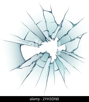 Fissures rayonnant vers l'extérieur à partir d'un trou dans une vitre, créant un visuel dramatique de dommages et de bris sur un fond blanc Illustration de Vecteur