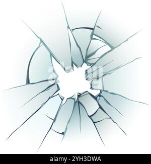 Surface en verre brisée présentant des fissures radiales provenant d'un trou central, créant un effet de dommage visuellement frappant sur un fond blanc propre Illustration de Vecteur
