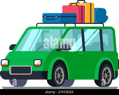 Green car est représenté avec des bagages, y compris des valises et une couverture enroulée, fixés sur sa galerie de toit, suggérant un voyage sur la route ou un voyage de vacances Illustration de Vecteur