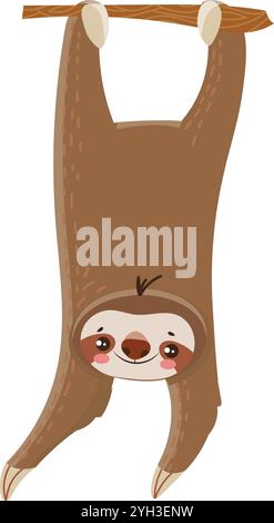Adorable paresseux de dessin animé suspendu à l'envers d'une branche d'arbre, souriant joyeusement, profitant de son style de vie détendu dans la forêt tropicale Illustration de Vecteur