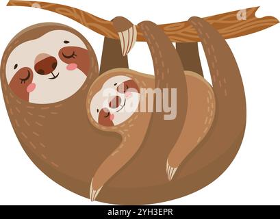La mère paresseuse de dessin animé est suspendue à l'envers à une branche d'arbre avec son paresseux bébé accroché à elle, les deux avec des expressions sereines Illustration de Vecteur