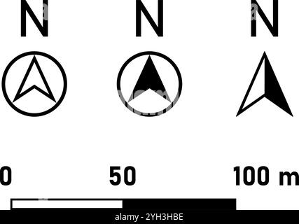 Symbole de flèche de repère nord rond noir de base symbole en cercle et échelle icône et échelle linéaire ou à barres définies pour l'orientation de la carte ou du plan du site. Image vectorielle. Illustration de Vecteur