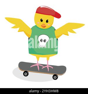 Personnage drôle de poulet de dessin animé pour la conception d'enfant jouant sur le skateboard ; personnage habillé d'un poussin va avec un skateboard Illustration de Vecteur