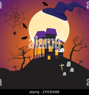 Fond de nuit d'Halloween avec scarry maison sombre ; nuit avec fond de grande lune et maison pour la célébration d'Halloween Illustration de Vecteur