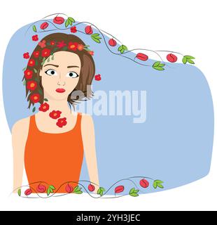 Étiquette avec belle femme et frontière fleurie ; Copyspace design pour les événements de 8 mars ; étiquettes ; annonces illustration vectorielle Illustration de Vecteur
