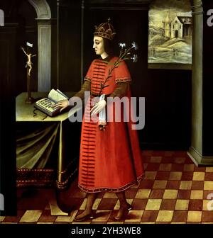 Peinture à l'huile baroque du XVIIe siècle « Saint Casimir de Pologne » (vers 1650–1680) par un maître inconnu, conservée de manière permanente au Musée des Beaux-Arts de Budapest, représentant le pieux prince royal debout dans un dolman rouge tenant une tige de lys tout en priant devant un crucifix. Prince Saint Emeric, 1675-1680, par 1637-1656, peintre inconnu, Hongrie, Hongrois, (Musée des Beaux-Arts Budapest) Prince (Imre en hongrois) ; n. 1007 ; déc. 2 sept. 1031. Il était le fils d'Étienne Ier, roi de Hongrie, et de Gisela. Banque D'Images