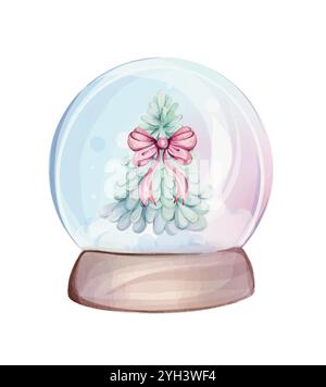 Globe à neige aquarelle, shaker à boule en verre avec arbre de Noël vert avec arc. Boule décorative du nouvel an avec paysage d'hiver. Boule de neige des fêtes avec Illustration de Vecteur