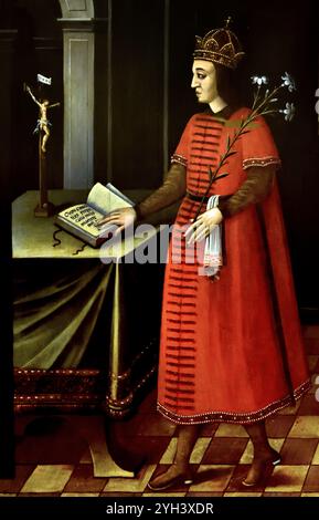 Peinture à l'huile baroque du XVIIe siècle « Saint Casimir de Pologne » (vers 1650–1680) par un maître inconnu, conservée de manière permanente au Musée des Beaux-Arts de Budapest, représentant le pieux prince royal debout dans un dolman rouge tenant une tige de lys tout en priant devant un crucifix. Prince Saint Emeric, 1675-1680, par 1637-1656, peintre inconnu, Hongrie, Hongrois, (Musée des Beaux-Arts Budapest) Prince (Imre en hongrois) ; n. 1007 ; déc. 2 sept. 1031. Il était le fils d'Étienne Ier, roi de Hongrie, et de Gisela. Banque D'Images