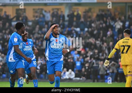 London Road, Peterborough le samedi 9 novembre 2024. Malik Mothersille (7 Peterborough United) célèbre après avoir marqué le quatrième but des équipes lors du match de Sky Bet League 1 entre Peterborough et Cambridge United à London Road, Peterborough, samedi 9 novembre 2024. (Photo : Kevin Hodgson | mi News) crédit : MI News & Sport /Alamy Live News Banque D'Images